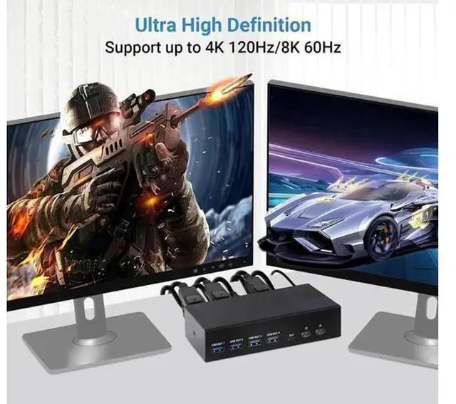 Alt view image 6 of 6 - 2x2 Dual Monitor KVM Switch DP1.4 HDMI2.1 8K@60Hz 4K@120Hz, USB3.0 KVM Switcher for 2 PCs Share Two Displays, Desktop Controller & Full Cables Included