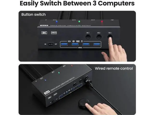 Alt view image 5 of 7 - 3-Port Triple Monitor KVM Switch (1HDMI+2DP), 8K@60Hz 4K@144Hz, 4 USB3.0 Ports, Wired Remote & 3 USB Cables Included