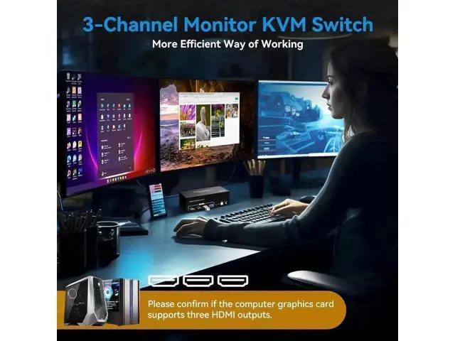 Alt view image 3 of 7 - 2 Port Triple Monitor HDMI KVM Switch, 8K@60Hz 4K@120Hz USB3.0 KVM Switcher with Wired Controller for 2 PCs Share 3 Monitors Keyboard Mouse Peripherals