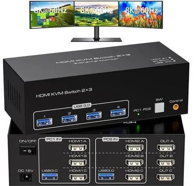 Main image of 2 Port Triple Monitor HDMI KVM Switch, 8K@60Hz 4K@120Hz USB3.0 KVM Switcher with Wired Controller for 2 PCs Share 3 Monitors Keyboard Mouse Peripherals