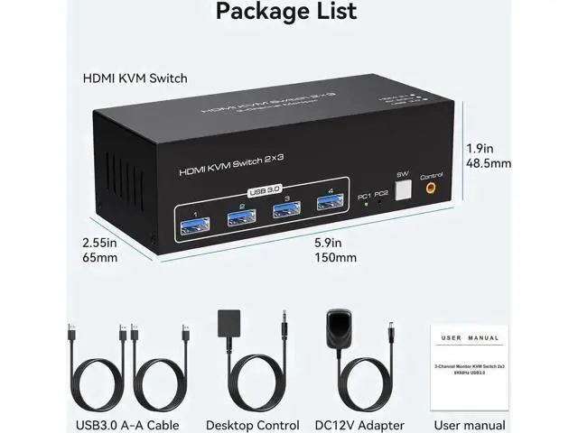 Alt view image 6 of 7 - 2 Port Triple Monitor HDMI KVM Switch, 8K@60Hz 4K@120Hz USB3.0 KVM Switcher with Wired Controller for 2 PCs Share 3 Monitors Keyboard Mouse Peripherals