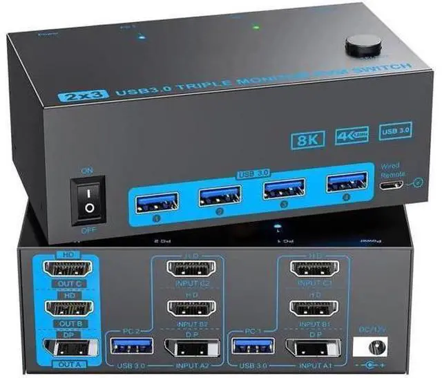 Main image of 2-Port Triple Monitor KVM Switch (2HDMI+DP), 8K@60Hz & 4K@144Hz, USB3.0 with Wired Remote, 2 PCs Share 3 Monitors & 4 USB Peripherals