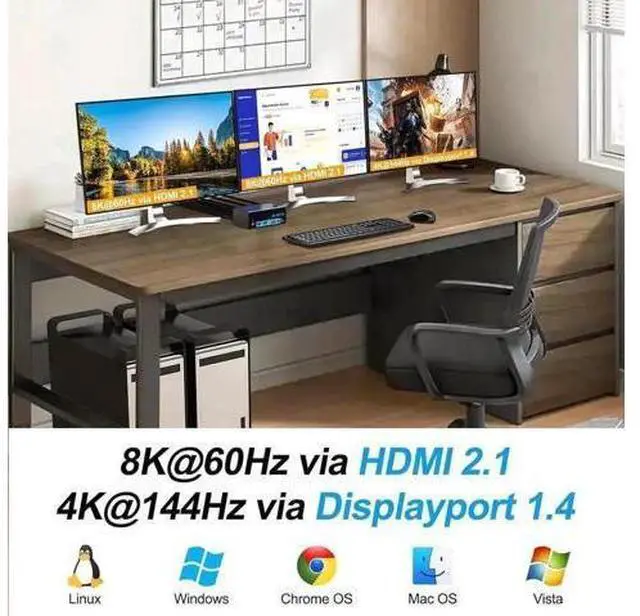 Alt view image 2 of 7 - 2-Port Triple Monitor KVM Switch (2HDMI+DP), 8K@60Hz & 4K@144Hz, USB3.0 with Wired Remote, 2 PCs Share 3 Monitors & 4 USB Peripherals
