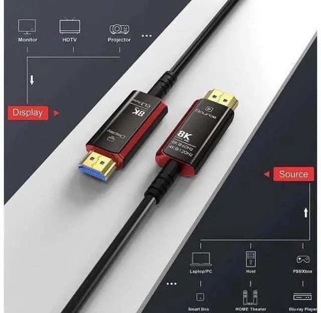 Alt view image 6 of 7 - 8K Fiber Optic HDMI Cable, CL3 Rated 8K HDMI Cable Ultra high Speed 48Gbps,Support 8K60Hz, 4K120Hz, Dynamic HDR 10, eARC Compatible with PS5 PS4 Xbox Apple TV Sony LG Samsung, (100Feet, Black+Red)