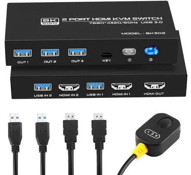 Main image of 2-Port 2 in 1 Out 8K@60Hz HDMI 2.1 KVM Switch, 2 PCs Share One Monitor & 3 USB 3.0 Peripherals, Support HDR, 3D, HDCP2.2, 2 HDMI 2.1 Cables + 2 USB 3.0 Cables Included