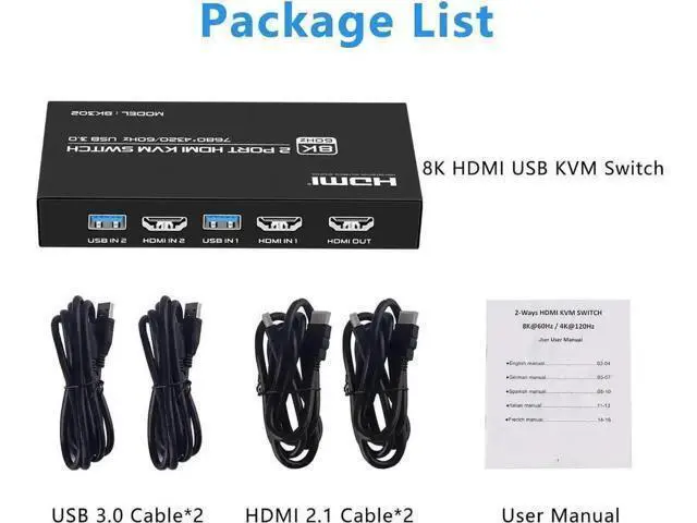 Alt view image 7 of 7 - 2-Port 2 in 1 Out 8K@60Hz HDMI 2.1 KVM Switch, 2 PCs Share One Monitor & 3 USB 3.0 Peripherals, Support HDR, 3D, HDCP2.2, 2 HDMI 2.1 Cables + 2 USB 3.0 Cables Included