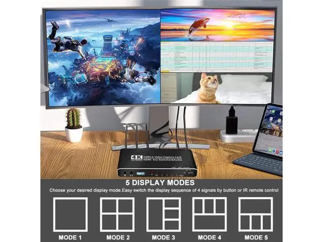 Alt view image 3 of 7 - 4x1 4K@30Hz HDMI Multiview Capture Card USB3.0, Seamless Switch with HDMI Loop-Out, 3.5mm Mic & Audio Jack, 4-Way HDMI Input Game Recorder for Live Streaming & Video Recording