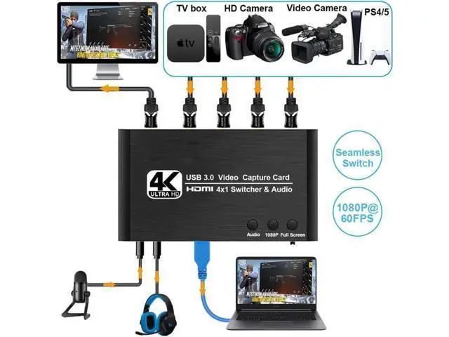 Alt view image 4 of 7 - 4x1 4K@30Hz HDMI Multiview Capture Card USB3.0, Seamless Switch with HDMI Loop-Out, 3.5mm Mic & Audio Jack, 4-Way HDMI Input Game Recorder for Live Streaming & Video Recording