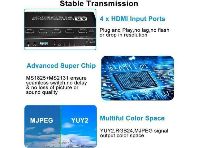 Alt view image 5 of 7 - 4x1 4K@30Hz HDMI Multiview Capture Card USB3.0, Seamless Switch with HDMI Loop-Out, 3.5mm Mic & Audio Jack, 4-Way HDMI Input Game Recorder for Live Streaming & Video Recording