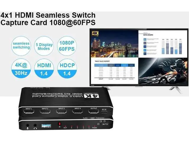 Alt view image 7 of 7 - 4x1 4K@30Hz HDMI Multiview Capture Card USB3.0, Seamless Switch with HDMI Loop-Out, 3.5mm Mic & Audio Jack, 4-Way HDMI Input Game Recorder for Live Streaming & Video Recording