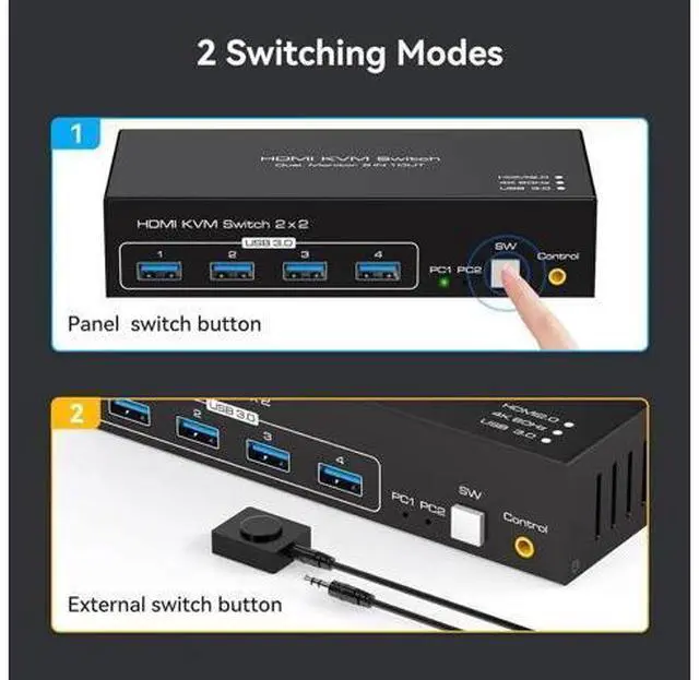 Alt view image 4 of 7 - 2 Port Dual Monitor HDMI KVM Switch 4K@60Hz USB 3.0, Support Mirror & Extended Display, External Desktop Controller, 4 USB 3.0 Ports, Come with 2 Pcs USB 3.0 Cables for 2 PCs Share 2 Displays