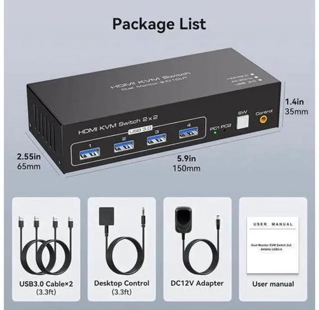 Alt view image 7 of 7 - 2 Port Dual Monitor HDMI KVM Switch 4K@60Hz USB 3.0, Support Mirror & Extended Display, External Desktop Controller, 4 USB 3.0 Ports, Come with 2 Pcs USB 3.0 Cables for 2 PCs Share 2 Displays