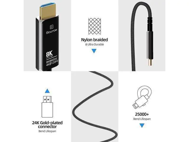 Alt view image 4 of 7 - 8K Fiber Optic HDMI Cable Braided Nylon, CL3 Rated 8K HDMI Cable Ultra high Speed 48Gbps,Support 8K60Hz, 4K120Hz, Dynamic HDR 10, eARC for PS5 PS4 Xbox Apple TV Sony LG Samsung, (100Feet, Black+White)