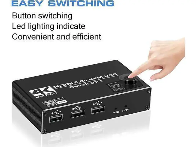 Alt view image 2 of 7 - 2x1 HDMI 2.0 KVM Switch, 4K@60Hz with 3 USB Ports, 2 PCs Share One Monitor, Compatible with Wireless Keyboard, Mouse, USB Drive, Printer & Camera, 2 USB Cables Included