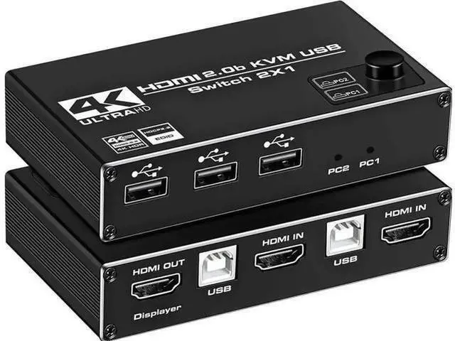 Main image of 2x1 HDMI 2.0 KVM Switch, 4K@60Hz with 3 USB Ports, 2 PCs Share One Monitor, Compatible with Wireless Keyboard, Mouse, USB Drive, Printer & Camera, 2 USB Cables Included