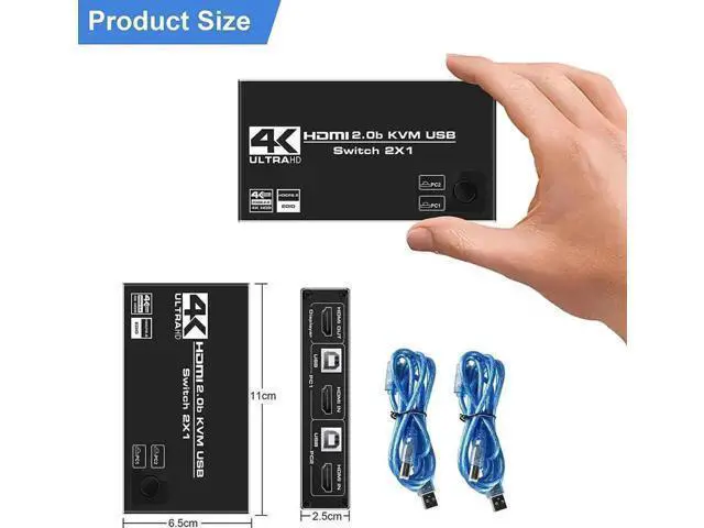 Alt view image 3 of 7 - 2x1 HDMI 2.0 KVM Switch, 4K@60Hz with 3 USB Ports, 2 PCs Share One Monitor, Compatible with Wireless Keyboard, Mouse, USB Drive, Printer & Camera, 2 USB Cables Included