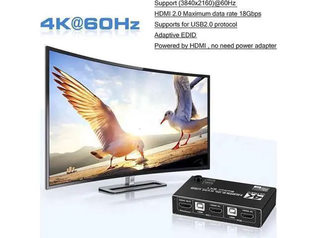 Alt view image 5 of 7 - 2x1 HDMI 2.0 KVM Switch, 4K@60Hz with 3 USB Ports, 2 PCs Share One Monitor, Compatible with Wireless Keyboard, Mouse, USB Drive, Printer & Camera, 2 USB Cables Included