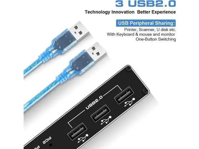 Alt view image 7 of 7 - 2x1 HDMI 2.0 KVM Switch, 4K@60Hz with 3 USB Ports, 2 PCs Share One Monitor, Compatible with Wireless Keyboard, Mouse, USB Drive, Printer & Camera, 2 USB Cables Included