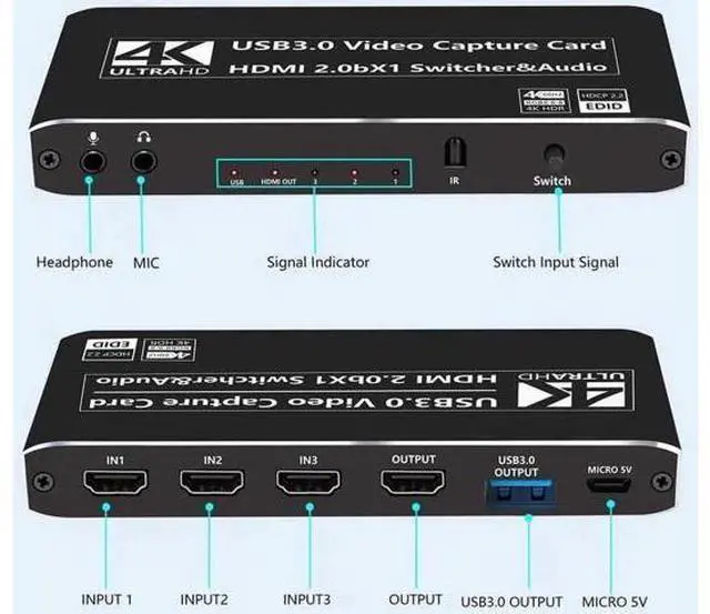 Alt view image 7 of 7 - 3×1 4K@60Hz HDMI Multiview Capture Card with HDMI Loop-Out & 3.5mm Mic/Audio Jack, USB Game Video Grabber for PS5 PS4 Pro Xbox Series X/S Xbox One X/S PC Mac Live Streaming Recording