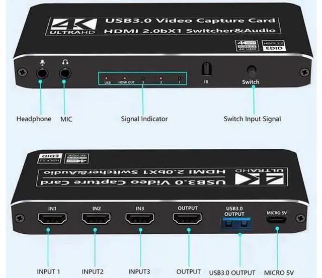 Alt view image 3 of 7 - 3×1 4K@60Hz HDMI Multiview Capture Card with HDMI Loopout & 3.5mm Mic/Audio Port, USB Video Grabber for PS5 PS4 Pro Xbox Series X/S Xbox One X/S PC Mac Live Stream Recording