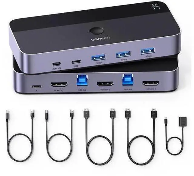 Main image of 2-Port USB 3.0 HDMI KVM Switch, 4K@60Hz, 4 Built-in USB 3.0 Ports, 2 PCs Share 1 Monitor, Keyboard, Mouse, Hard Drive & Printer, Comes with 2 HDMI Cables, 2 USB Cables & External Controller