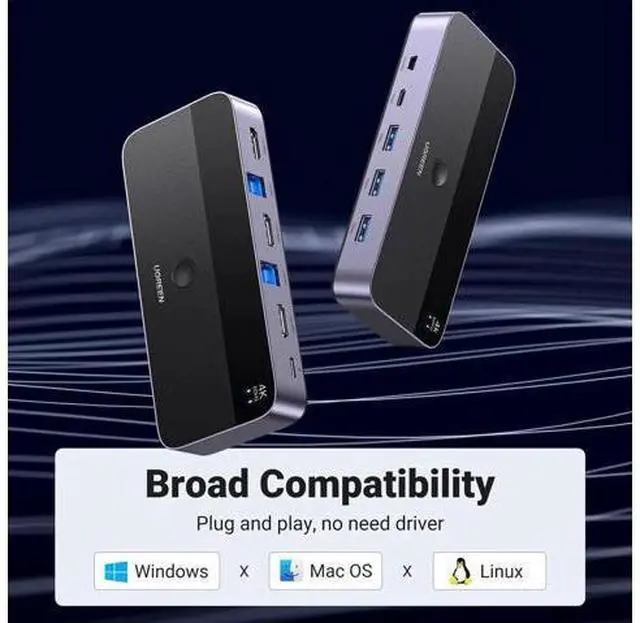 Alt view image 2 of 7 - 2-Port USB 3.0 HDMI KVM Switch, 4K@60Hz, 4 Built-in USB 3.0 Ports, 2 PCs Share 1 Monitor, Keyboard, Mouse, Hard Drive & Printer, Comes with 2 HDMI Cables, 2 USB Cables & External Controller