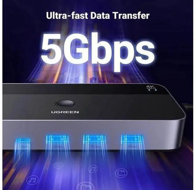 Alt view image 3 of 7 - 2-Port USB 3.0 HDMI KVM Switch, 4K@60Hz, 4 Built-in USB 3.0 Ports, 2 PCs Share 1 Monitor, Keyboard, Mouse, Hard Drive & Printer, Comes with 2 HDMI Cables, 2 USB Cables & External Controller