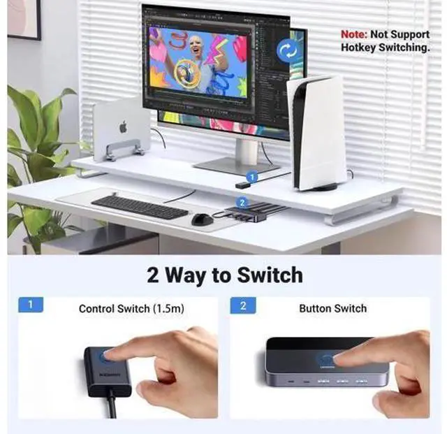 Alt view image 4 of 7 - 2-Port USB 3.0 HDMI KVM Switch, 4K@60Hz, 4 Built-in USB 3.0 Ports, 2 PCs Share 1 Monitor, Keyboard, Mouse, Hard Drive & Printer, Comes with 2 HDMI Cables, 2 USB Cables & External Controller