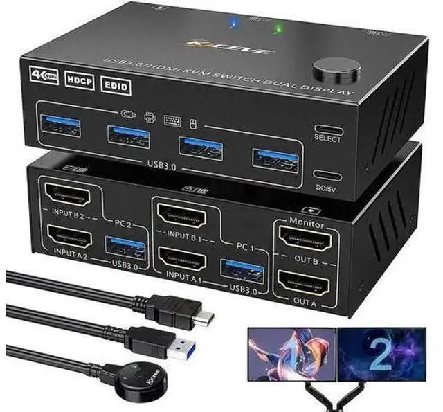 Main image of 2 Port 2×2 Dual Monitor HDMI 2.0 USB3.0 KVM Switch 4K@60Hz, Built-in EDID Emulator, 4 USB3.0 Ports, Wired Controller & HDMI+USB Cables Included for 2 PCs