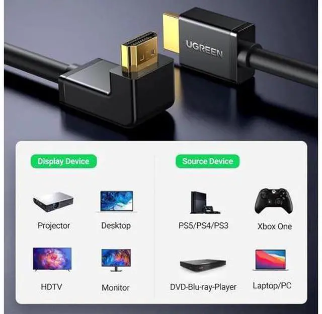 Alt view image 5 of 7 - 10FT UGREEN 90 Degree Right Angle HDMI 2.0 Cable, Down Angle 4K@60Hz HDMI Cord Support ARC 3D 1080P for PS5 Xbox Switch Laptop Monitor TV