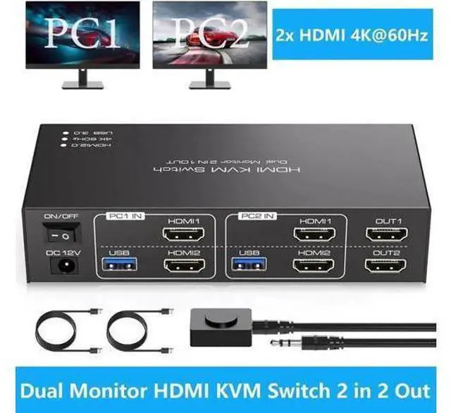 Main image of 2 Port Dual Monitor HDMI USB 3.0 KVM Switch 4K@60Hz, Support Extended & Mirrored Display, 4 USB3.0 Ports, Desktop Controller & 2 USB 3.0 Cables Included for 2 PCs