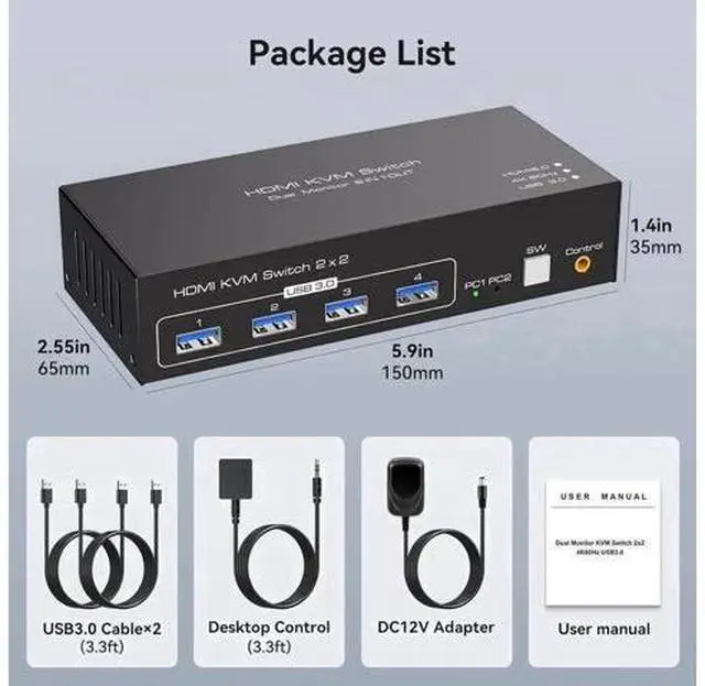 Alt view image 5 of 6 - 2 Port Dual Monitor HDMI USB 3.0 KVM Switch 4K@60Hz, Support Extended & Mirrored Display, 4 USB3.0 Ports, Desktop Controller & 2 USB 3.0 Cables Included for 2 PCs