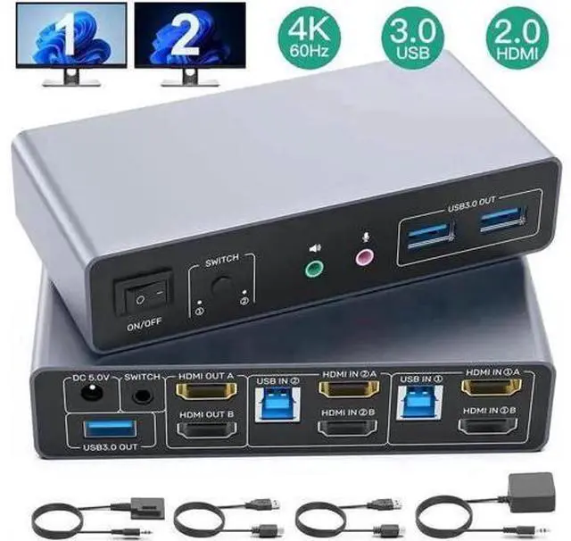 Main image of 2 Port Dual Monitor HDMI USB 3.0 KVM Switch 4K@60Hz, Support Extended & Mirrored Display, 3 USB3.0 Ports, Desktop Controller & 2 USB Cables Included for 2 PCs