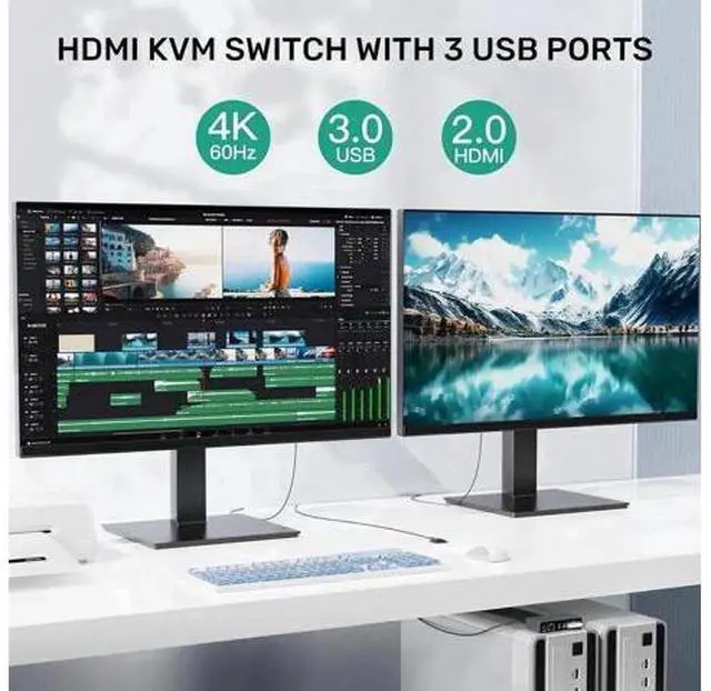 Alt view image 2 of 7 - 2 Port Dual Monitor HDMI USB 3.0 KVM Switch 4K@60Hz, Support Extended & Mirrored Display, 3 USB3.0 Ports, Desktop Controller & 2 USB Cables Included for 2 PCs