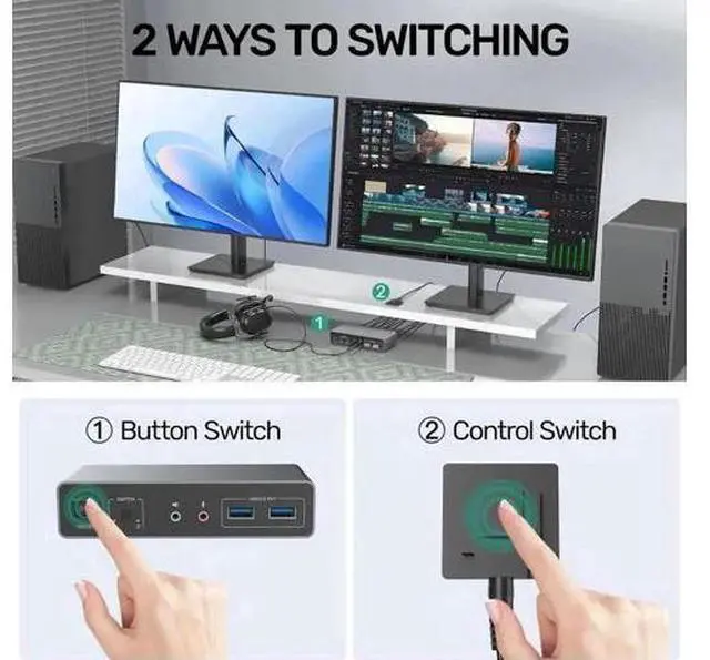 Alt view image 4 of 7 - 2 Port Dual Monitor HDMI USB 3.0 KVM Switch 4K@60Hz, Support Extended & Mirrored Display, 3 USB3.0 Ports, Desktop Controller & 2 USB Cables Included for 2 PCs