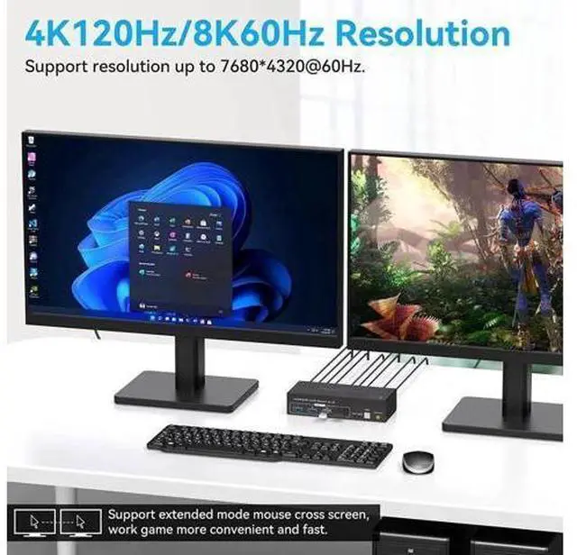 Alt view image 7 of 7 - 2 Port Dual Monitor DP+HDMI Hybrid KVM Switch 8K@60Hz 4K@120Hz USB 3.0, External Wired Controller, 4 USB 3.0 Ports for 2 PCs Share 2 Displays & USB Peripherals