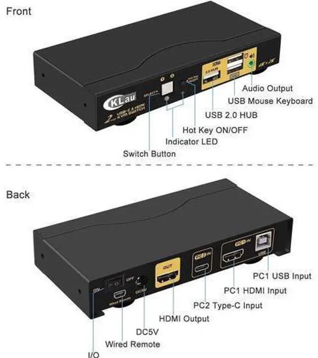Alt view image 7 of 7 - CKLau 2-Port USB-C + HDMI KVM Switch, 4K@60Hz with Audio & Full Cables, Compatible with Mac, PC & Mobile Devices to Share Monitor, Keyboard and Mouse