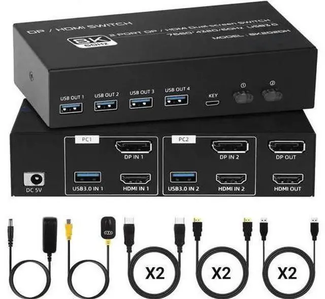 Alt view image 6 of 7 - 2PC Hybrid DP1.4 + HDMI2.1 Dual Monitor USB3.0 KVM Switch, 8K@60Hz/4K@120Hz, Support Extended & Mirrored Modes, Desktop Controller & Full HDMI/DP/USB Cables Included