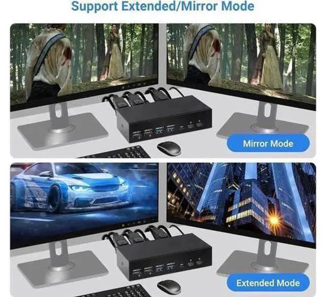 Alt view image 7 of 7 - 2PC Hybrid DP1.4 + HDMI2.1 Dual Monitor USB3.0 KVM Switch, 8K@60Hz/4K@120Hz, Support Extended & Mirrored Modes, Desktop Controller & Full HDMI/DP/USB Cables Included