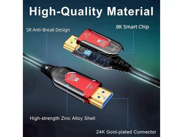 Alt view image 2 of 7 - 3.3FT/1M Red Plenum Rated Fiber Optic Gaming HDMI 2.1 Cable, 48Gbps Ultra High Speed Cord Supports 8K@60Hz, 4K@120Hz/144Hz, eARC HDR10 HDCP 2.2/2.3 for Roku TV PS5 HDTV Blu-ray Player