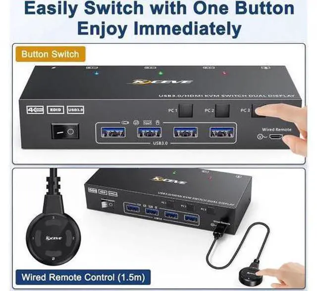 Alt view image 6 of 7 - 3 In 2 Out Dual Monitor HDMI KVM Switch 4K@60Hz USB 3.0, Built-in EDID Emulator, Wired Remote Controller & Matching Cables Included, for 3 PCs Share Dual Displays, Keyboard, Mouse & Printer