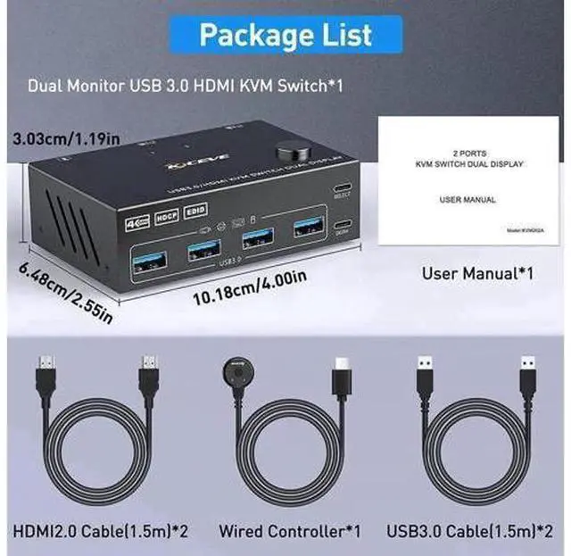 Alt view image 5 of 7 - 2 Port 2×2 Dual Monitor HDMI 2.0 USB3.0 KVM Switch 4K@60Hz, Built-in EDID Emulator, 4 USB3.0 Ports, Wired Controller & HDMI+USB Cables Included for 2 PCs