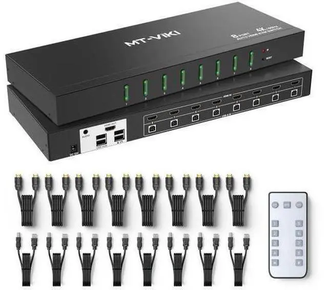 Main image of MT-VIKI 8-Port HDMI KVM Switch, 4K@60Hz with 3.5mm Audio, 1U Rack Mount, Button/Hotkey/IR Remote Control, Comes with 8 Sets Cables & Rack Ears