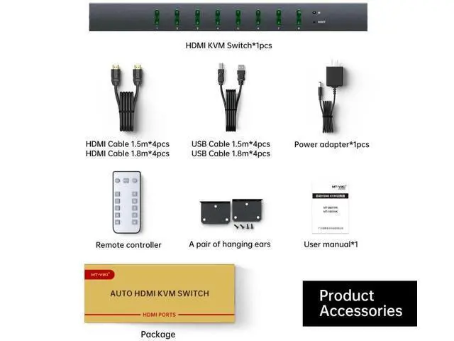 Alt view image 5 of 7 - MT-VIKI 8-Port HDMI KVM Switch, 4K@60Hz with 3.5mm Audio, 1U Rack Mount, Button/Hotkey/IR Remote Control, Comes with 8 Sets Cables & Rack Ears