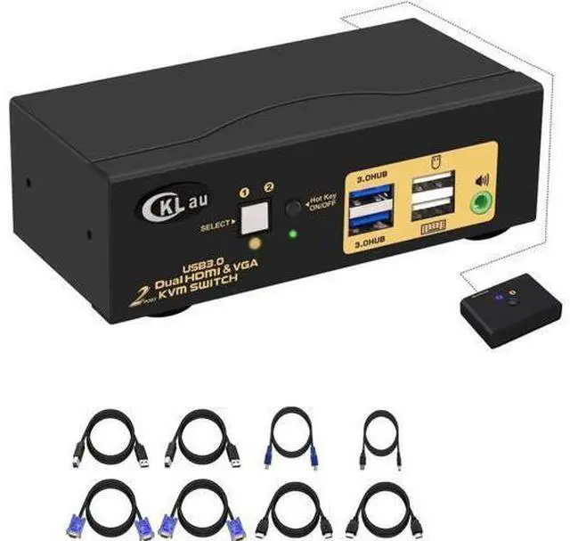 Main image of 2-Port USB 3.0 Dual Monitor KVM Switch (HDMI + VGA), 4K@60Hz 4:4:4, Audio & Cables Included, Supports Wireless Keyboard & Mouse for 2 PCs Share 2 Displays