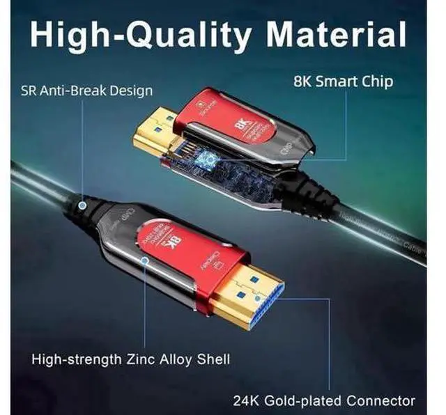 Alt view image 2 of 7 - 100FT/30M Red Plenum-Rated Fiber Optic Gaming HDMI 2.1 Cable, 48Gbps Ultra High Speed Supports 8K@60Hz 4K@120/144Hz eARC HDR10 HDCP 2.2/2.3 3D for PS5 Roku TV HDTV Blu-ray