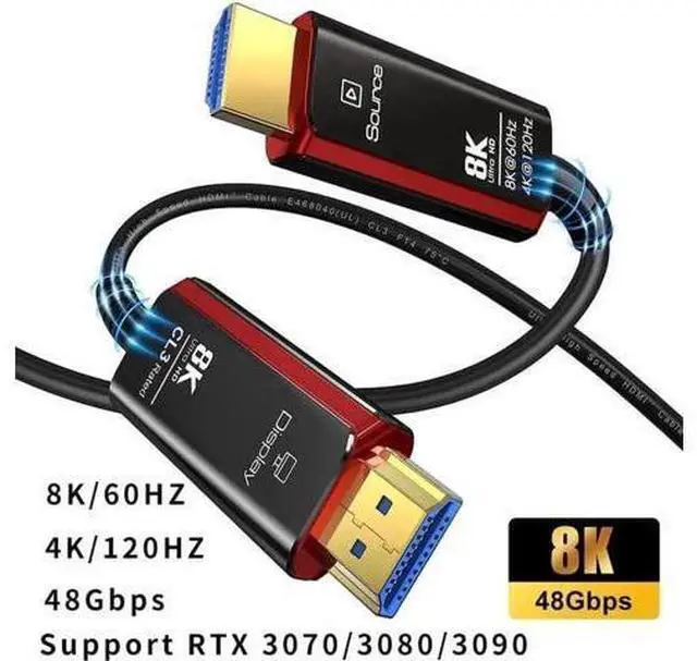 Main image of 100FT Black & Red Slim Flexible Fiber Optic HDMI 2.1 Cable, 48Gbps Ultra High Speed Supports 8K@60Hz 4K@120Hz HDR eARC HDCP 2.3 for RTX3080/3090 Xbox Series X PS4/PS5 LG C9/CX Samsung Q90T TCL Sony TV