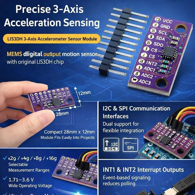 Alt view image 3 of 5 - 6pcs LIS3DH 3Axis MEMS Accelerometer Sensor Module, 1.713.6 V, I2C SPI Interface