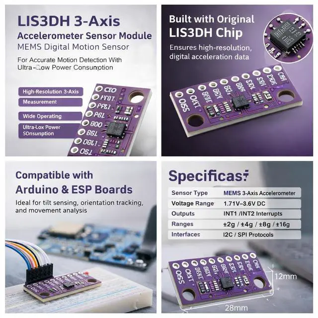 Alt view image 5 of 5 - 6pcs LIS3DH 3Axis MEMS Accelerometer Sensor Module, 1.713.6 V, I2C SPI Interface