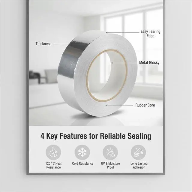 Alt view image 2 of 6 - 2 inch x 130 Feet Aluminum Foil Duct Sealing Tape, 3.9 Mil, High-Temperature Heavy-Duty Silver HVAC Tape for Ductwork Dryer Vent